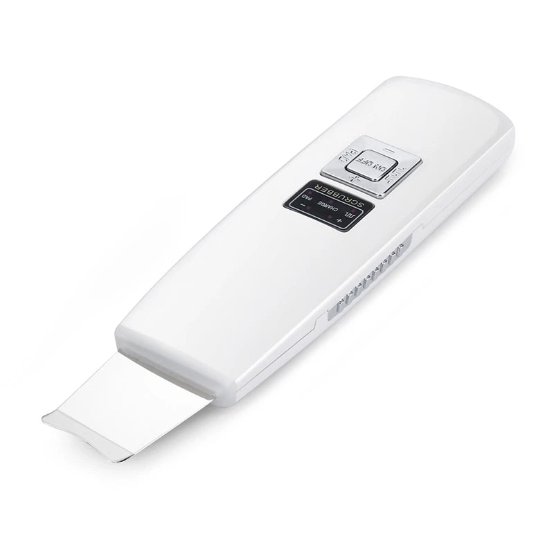 Detailed view of ultrasonic skin scrubber scraping tip for blackhead removal and deep cleansing