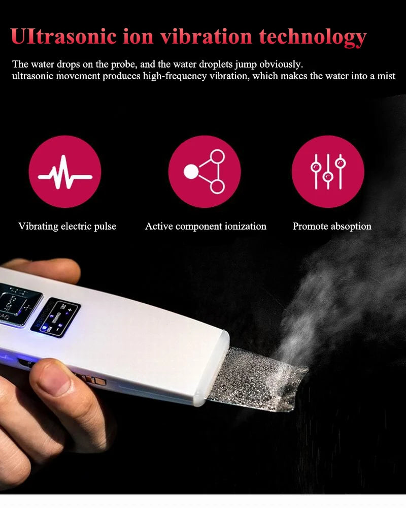Close-up of Sonic Clean Pro ultrasonic skin scrubber tip showing scraping blade and ion technology 