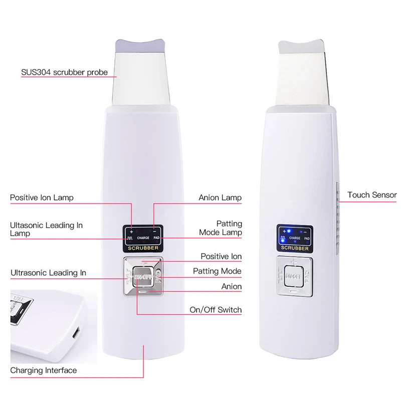 Close-up of Sonic Clean Pro ultrasonic skin scrubber showing control buttons and ion technology features