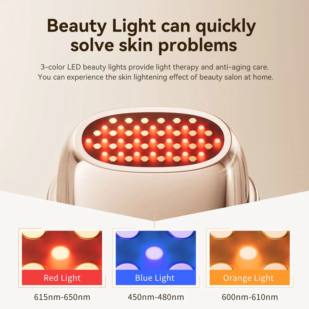 ANLAN RF facial device displaying 3-color light therapy - blue, yellow, and red lights with specific nanometer treatments
