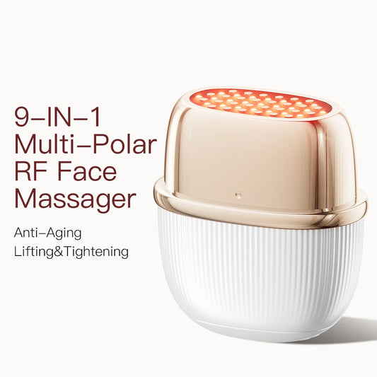 24K Gold RF facial device showing 9-in-1 multipolar technology for anti-aging lifting and tightening